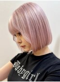 大人可愛いピンクベージュダブルカラーくびれボブ透明感小顔