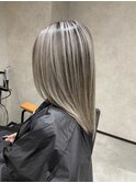 バレイヤージュ、ハイライト、レイヤーロング、グレーベージュ