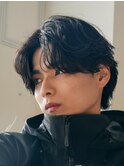 メンズウルフセンターパート毛流れフェザーパーマ韓国ヘア原宿