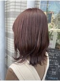 ピンクベージュ外ハネボブ顔まわり前髪群馬太田