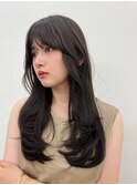 韓国オリーブカラーオリーブベージュ顔まわりレイヤー前髪パーマ
