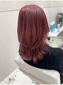 暖色カラーレイヤーカットピンクベージュ