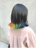地毛は残して　ワンレンミディアム　レインボー推し色裾カラー