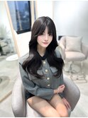 小顔薄めバンググレージュレイヤーロング前髪パーマ黒髪