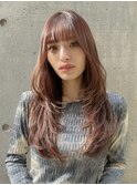 ハイレイヤーロング×ブリーチなしダブルカラーピンクブラウン