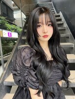 アム 表参道(am) 小顔薄めバンググレージュレイヤーロング前髪パーマ黒髪