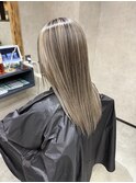 バレイヤージュ、ハイライト、レイヤーロング、グレーベージュ