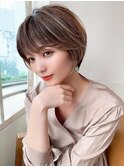 耳かけショートボブ/30代/40代/50代/チェリーブラウン
