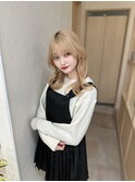 小顔薄めバンググレージュレイヤーロング前髪パーマ黒髪