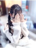 髪リボン編み込みツイン