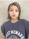 フェイスフレーミングインナーカラーボブ長めグレージュ黒髪30代