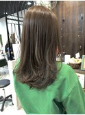 ロングショートワンカールパーマカーキグレージュ前髪錦糸町