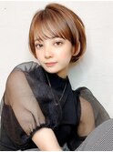シースルーぱっつん前髪ミニウルフボブチェリーブラウン