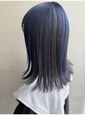 ブリーチインナーカラーブルー切りっぱなしボブ30台ボブ