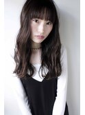 ガーリーナチュラルウェーブロング×ぱっつん前髪×黒髪暗髪