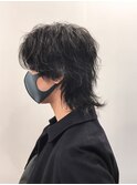 黒髪ミディアムロングマッシュウルフ