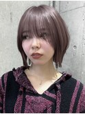 ピンクカラー赤髪ワインレッドブリーチなしダブルカラー長めボブ