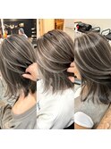 前髪ハイライトカラーこなれミディイメチェンウェーブパーマ