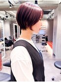 ミニウルフチェリーブラウンブリーチなしショートボブ前髪/柏柏