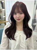 韓国ヘア/レイヤーカット/ぱっつん前髪/顔まわり/ワインレッド