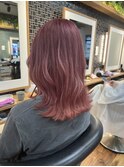 韓国ミディ/外ハネボブ/ピンクカラー／ダブルカラー