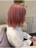 7778ミルクティーピンクハイトーンカラー韓国切りっぱなしボブ