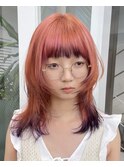 ウルフカットレイヤーカットペールピンクパープルエンドカラー