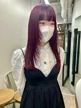 ヌープヘアーアイス(NUUP.hair ici) 大人美人ハイレイヤーぱっつん前髪ロングラベンダーピンク