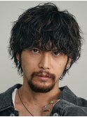 渋谷ルーズパーマメンズマッシュウルフセンターパートカット