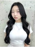 美髪カールブルーブラック韓国レイヤーロングセミディ顔周り前髪