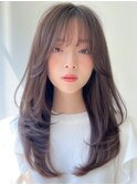 小顔ワンカールレイヤーカットくびれヘアアプリコットオレンジ