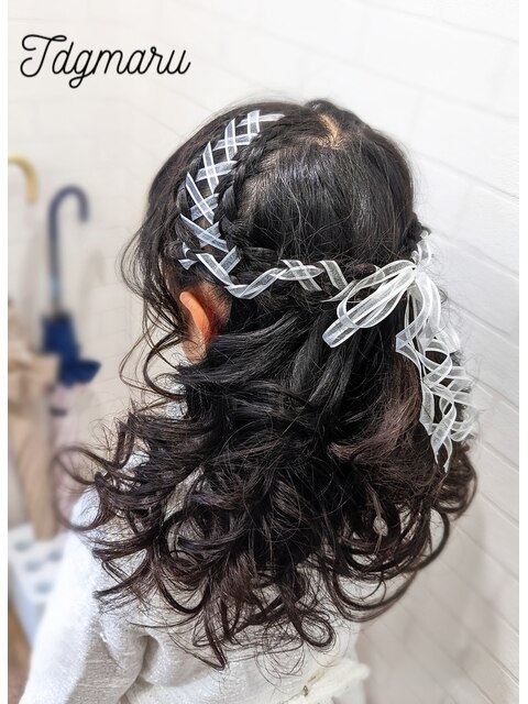 お子様ヘアセット☆レース編みリボンのハーフアップ☆