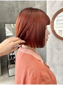 オレンジカラー、切りっぱなしボブ、ワンブリーチ