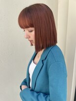 ブリーチなしオレンジブラウンデザインカラーボブワイドバング