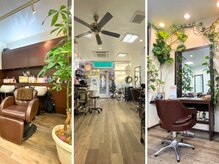 落ち着いたウッド調の店内にグリーンが飾られた癒しの空間☆