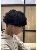 刈り上げツーブロック波巻きスパイラルパーマメンズマッシュ