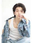 メンズダークアッシュニュアンスパーマ韓国マッシュウルフカット