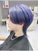 ブルーカラー　ブルーブラック ロングウルフ　韓国マッシュ