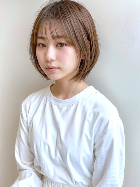 丸みショートボブ 前髪あり 春夏ヘアカラー ふわっと内巻きヘア