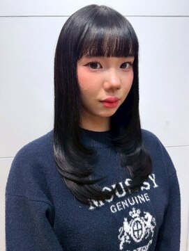 カミラボ(KAMI LABO) ロングレイヤー ワンカール アッシュブラック ぱっつん前髪