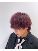 カシスピンクケアブリーチダブルカラー波巻きパーマ