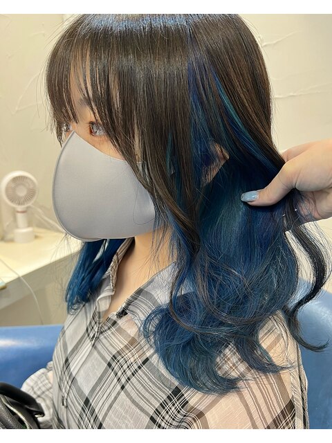 【SENA】インナーカラーブルー ネイビー ターコイズ セミロング