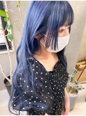 ネイビー  青髪 ブルーカラー 姫カット ブルーグレー