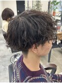 フェザーパーマグレーブルーカラー刈り上げショートパンク
