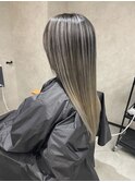 バレイヤージュ、ハイライト、レイヤーロング、グレーベージュ