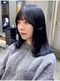 フルバング ブルーブラック 切りっぱなしイメチェンヘアスタイル