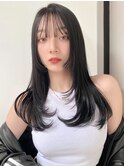 姫カットレイヤーカットネビージュワンカールアッシュブラック