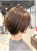ロングショートワンカールパーマカーキグレージュ前髪錦糸町
