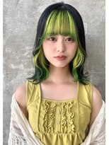 ガルボ ヘアー(garbo hair) ライムグリーン ミディアム インナーカラー ブルーブラック