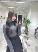 小顔薄めバンググレージュレイヤーロング前髪パーマ黒髪